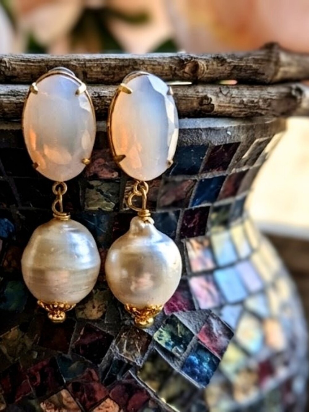 Large Stunning Pink Rosewater Opal & Huge Freshwater Pearls Gold Plated Earring